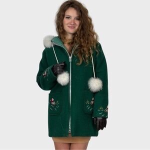 Green Hooded Inuit Parka with White Pom Poms